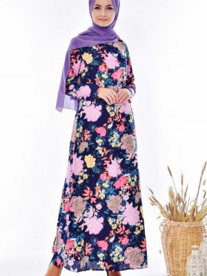 Sefamerve Lacivert Pembe Çiçek Desenli Elbise