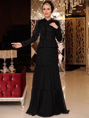 Selma Sarı Design Siyah Vintage Abiye Elbise