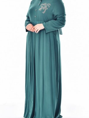 Sefamerve Yeşil Büyük Beden Taş Detaylı Elbise