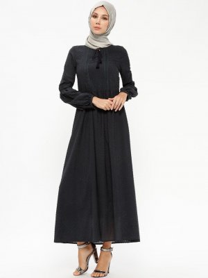 Nihan Lacivert Yakası Bağcıklı Elbise