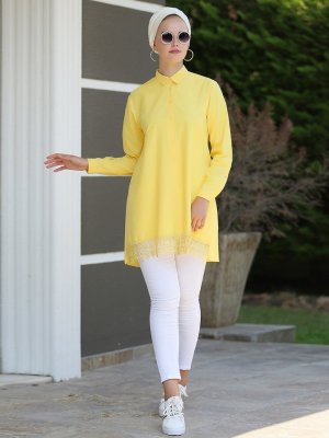 Myzen Sarı Eteği Dantelli Gömlek Tunik