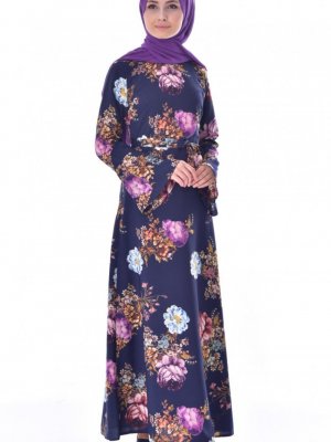 Sefamerve Lacivert Çiçek Desenli Kuşaklı Elbise