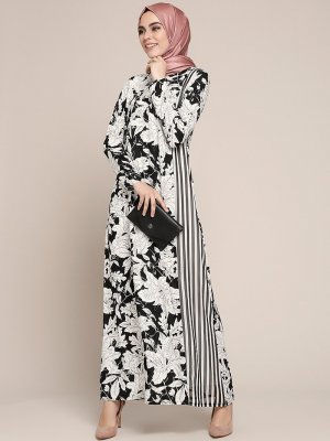 Refka Siyah Doğal Kumaşlı Çiçekli Elbise