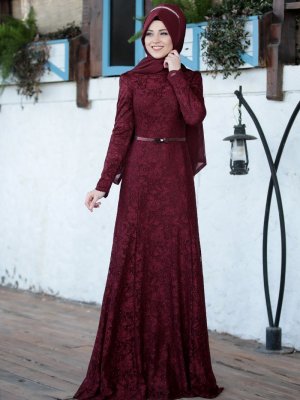 Al-Marah Bordo Işıl Abiye Elbise