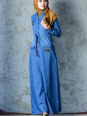 Sefamerve Kot Mavi Nakışlı Kot Elbise