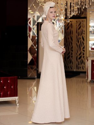 Selma Sarı Design Pudra Jakar Aksesuarlı Abiye Elbise