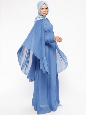 Efkeyem Mavi Şifon Parçalı Abiye Elbise
