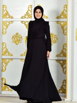 Sefamerve Siyah Fırfırlı Şifon Elbise