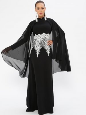 Butik Neşe Siyah Güpür Detaylı Abiye Elbise