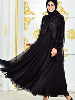 Sefamerve Siyah Pelerinli Abiye Elbise