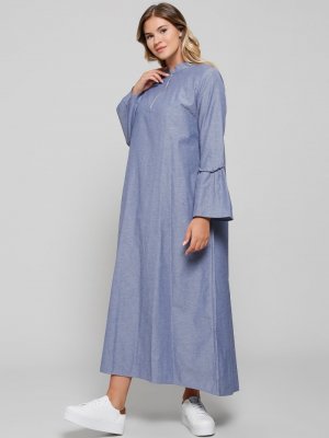 Alia Mavi Doğal Kumaşlı Volan Detaylı Elbise