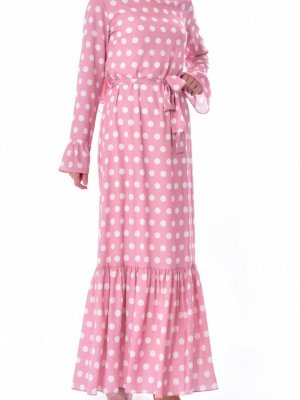 Sefamerve Pudra Puantiyeli Kuşaklı Elbise