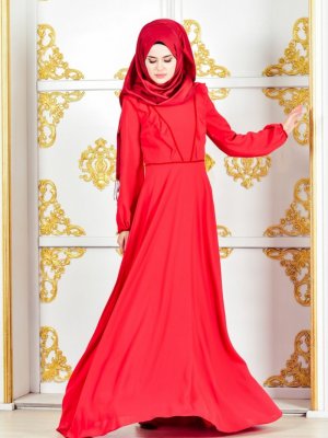 Sefamerve Kırmızı Fırfırlı Şifon Elbise