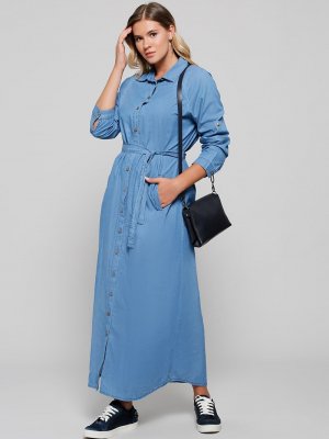 Alia Açık Mavi Doğal Kumaşlı Boydan Düğmeli Kot Elbise