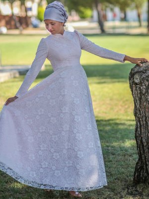 AGONYA MODA Toz Pembe Ekru Esinti Abiye Elbise