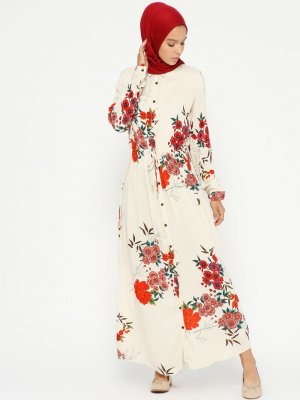 PİLİSE Beyaz Çiçek Desenli Boydan Düğmeli Elbise