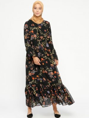PİLİSE Siyah Çiçek Desenli Elbise