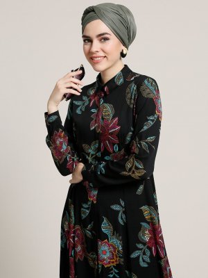 Refka Siyah Doğal Kumaşlı Çiçek Desenli Elbise