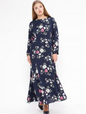 Arıkan Lacivert İnci Detaylı Çiçekli Elbise