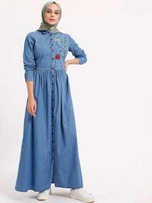 Benin Koyu Mavi Doğal Kumaşlı Nakışlı Kot Elbise