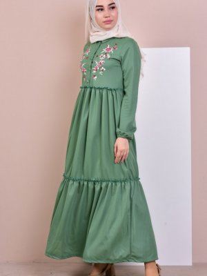 Sefamerve Çağla Yeşili Nakışlı Elbise
