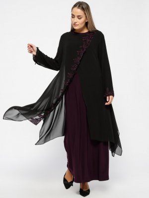Amine Hüma Siyah Mor Uzun Kollu Elbise&Şifon Tunik Abiye Takım