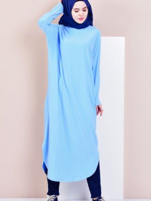 Sefamerve Mavi Penye Uzun Tunik