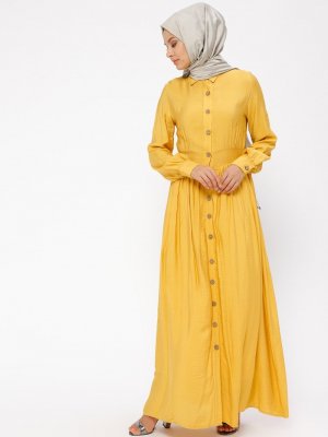 BÜRÜN Sarı Boydan Düğmeli Elbise