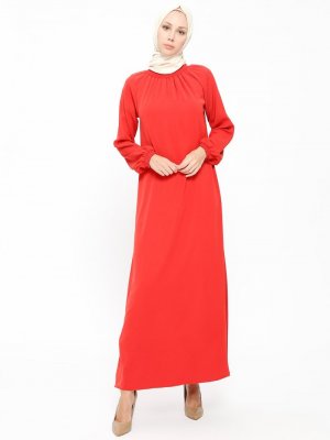 ModaNaz Kırmızı Gipe Detaylı Elbise