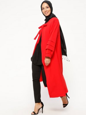 Mileny Kırmızı Yakası Bağlamalı Uzun Ceket
