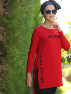Myzen Kırmızı Never Baskılı Yırtmaçlı Model Tunik
