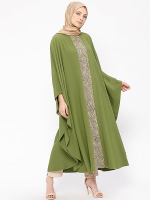 Filizzade Açık Yeşil Flok Baskı Detaylı Uzun Tunik