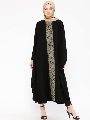 Filizzade Siyah Flok Baskı Detaylı Uzun Tunik