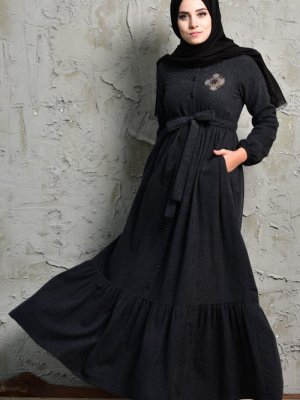 Sefamerve Siyah Taş Detaylı Elbise