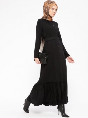 Tavin Siyah Doğal Kumaşlı Boydan Düğmeli Elbise
