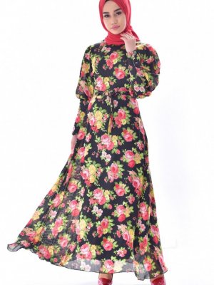 Sefamerve Lacivert Çiçekli Elbise