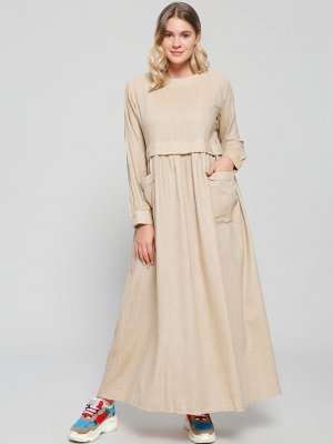Alia Camel Doğal Kumaşlı Cep Detaylı Elbise
