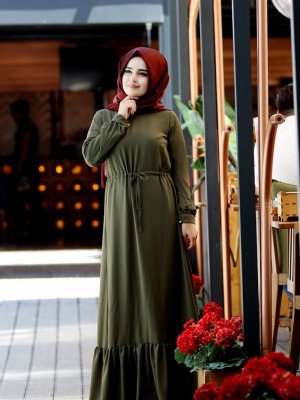 Sefamerve Haki Yeşili Bayan Fırfırlı Elbise