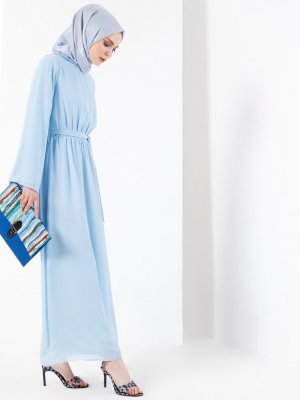 Refka Bebe Mavisi Yakası Taş Detaylı Şifon Elbise