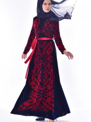 Sefamerve Lacivert Desenli Kuşaklı Kadife Elbise