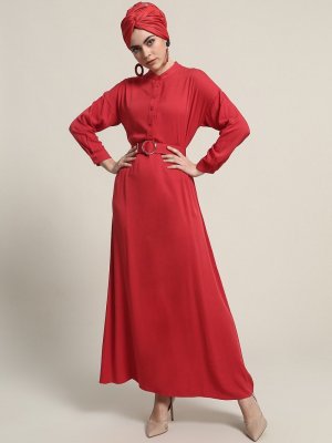Refka Kırmızı Doğal Kumaşlı Kemerli Elbise