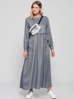Alia Lacivert Doğal Kumaşlı Cep Detaylı Elbise