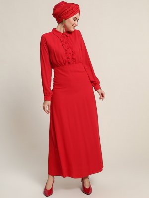 Refka Kırmızı Fırfır Detaylı Elbise