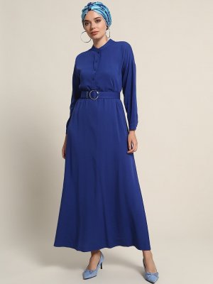 Refka Mavi Doğal Kumaşlı Kemerli Elbise