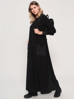 Alia Siyah Deri Cep Detaylı Elbise