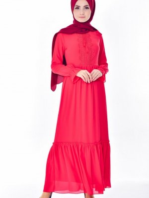 Sefamerve Kırmızı Dantelli Elbise