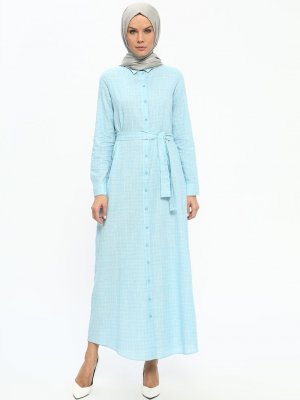 Tavin Mavi Beyaz Doğal Kumaşlı Boydan Düğmeli Elbise