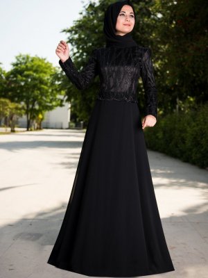 Nurgül Çakır Siyah Pul Payetli Abiye Elbise
