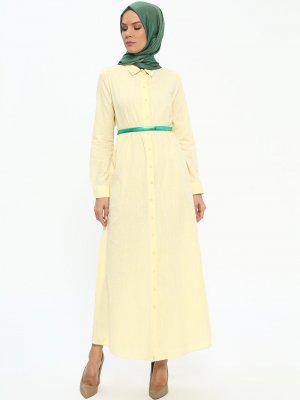 Tavin Sarı Doğal Kumaşlı Boydan Düğmeli Elbise