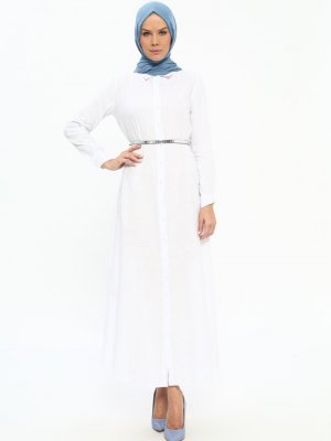 Tavin Beyaz Doğal Kumaşlı Boydan Düğmeli Elbise